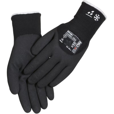 Detaljebillede af OX-ON Winter Comfort 3302 vinterhandsken med tydelig mærkning for str. 9, varme og vandafvisende funktioner samt CE-godkendelse.