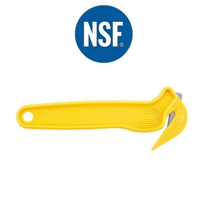 PHC gul NSF godkendt skærer til bånd og film, med et NSF logo på en blå cirkel i baggrunden.