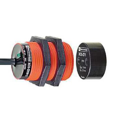 Schneider Electric M30 magnetaftaster med 2NC konfiguration og 2m kabel, separat vist med sin magnetdel.