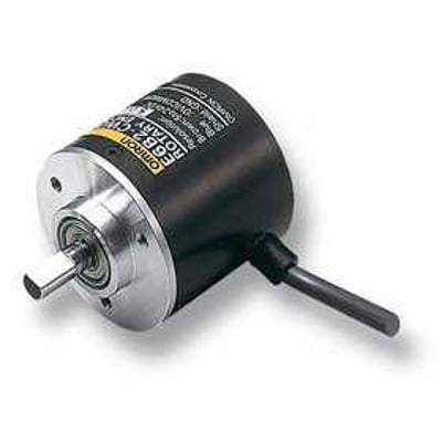Omron inkremental encoder E6B2-CWZ6C med 1000ppr, 5-24VDC og NPN udgang, vist fra siden.