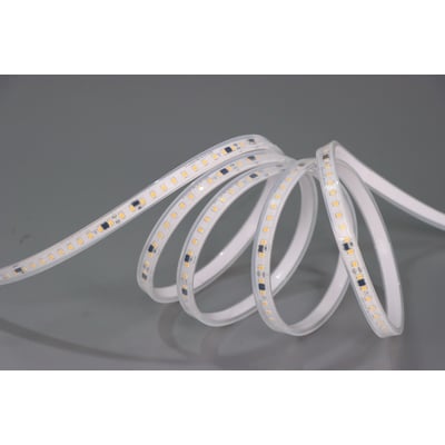 Lumenlight Blast230 High Q LED strip på 5 meter, 1,5W, 2700K, vist rullet sammen med synlige LED'er og printplade på grå baggrund.