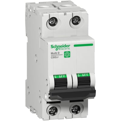 Schneider Electric Multi9 C60SP miniatureafbryder med 2 poler, 4A og B-kurve, monteret på din-skinne.