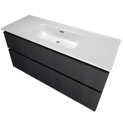 Sanibell Proline møbelsæt i sort eg med integrerede greb og to skuffer, 121x46 cm, hvid porcelænsvask uden hanehul.