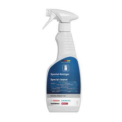 Sprayflaske med 500 ml køleskabsrens med "Special cleaner" mærkat og logoer for Bosch, Siemens, Gaggenau og Neff.