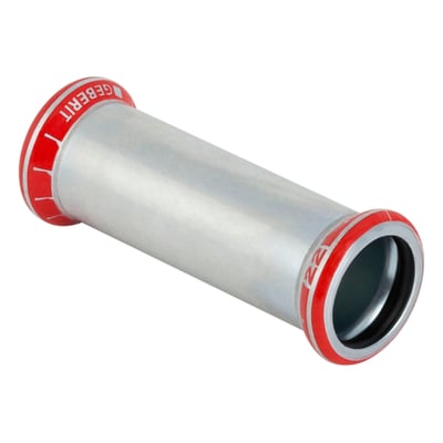 Geberit Mapress skydemuffe i 12 mm, vist med rød og sølvfarvet finish og synlig 'GEBERIT' branding.