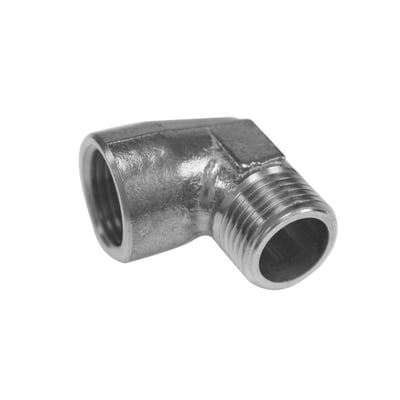 Unico 90° vinkel i forkromet messing med 3/8" muffe og nippel, set skråt med begge gevindender synlige.