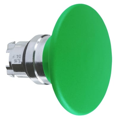 Schneider Electric paddetryk grøn, Ø60mm, med fjeder-retur og sølvfarvet monteringsbeslag.