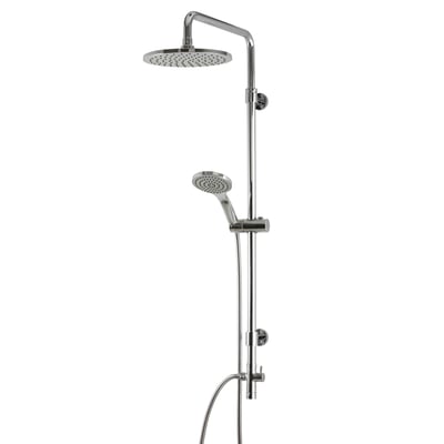 Pressalit Wave Waterfall 200 krom loft- og håndbruser med rund hovedbruser og håndbruser på en poleret, blank overflade.