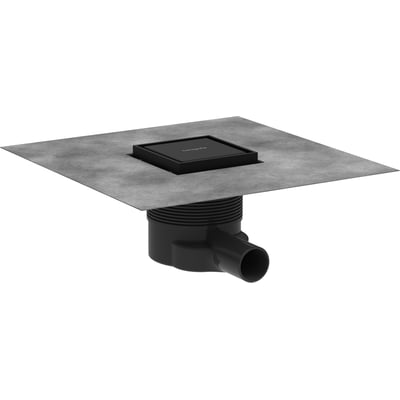 Hansgrohe komplet afløb i matsort med vandret udløb, 40 mm diameter og 100x100 mm mål.