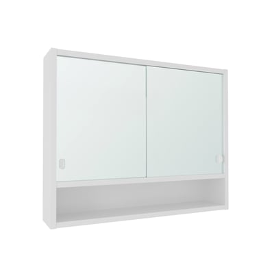 Hvidt Svedbergs-spejlskab på 65 x 52 x 13 cm med to spejllåger og en åben hylde nederst.
