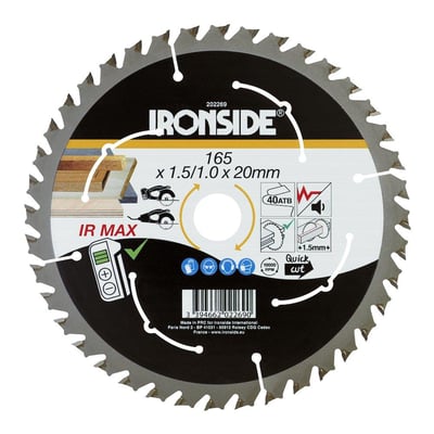 Ironside rundsavklinge til træ set forfra med 40 tænder, 165 mm diameter og 20 mm huldiameter.
