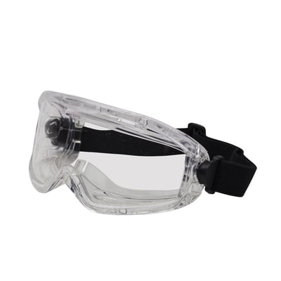 Activewear Space 4080-beskyttelsesbrille med klar linse, gennemsigtigt stel og sort, justerbart nakkebånd.
