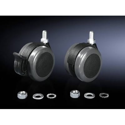 Rittal VX IT hjulmodul med fire dobbelte drejelige hjul og monteringsmateriale, herunder møtrikker og skiver.