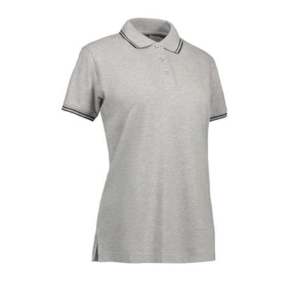ID Identity stretch poloshirt til damer i grå melange, str. S, med kontraststriber på ærmer og krave.
