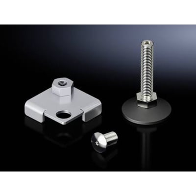 Rittal VX nivelleringsfod M12 med tilbehør: en metalplade med møtrik, en M12 gevindbolt og en separat M12 bolt.