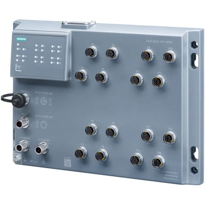 Siemens Scalance XP216EEC managed IE switch med 16 M12-porte, jernbanecertificeret til krævende miljøer.