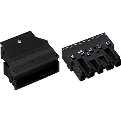 To sorte Wago hanstik på en hvid baggrund, hvoraf den ene har en kappe og mærkning for N, L1, L2 og L3.