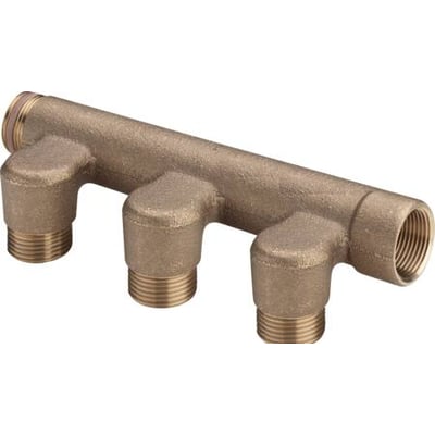 Oversigtsbillede af Viega fordelerrør i rødgods med 3 studser, der viser gevind og materialeegenskaber.