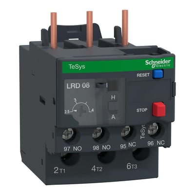 Schneider Electric TeSys D termorelæ LR3D 08 med 2,5-4A indstillingsområde og resetknap på mørkegrå plast med grøn "TeSys"-logo.