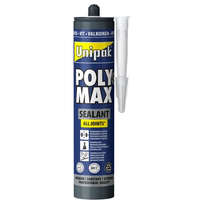 Unipak Poly Max hvid fugemasse på 400 g i en blå patron med en separat hvid påføringsdyse.