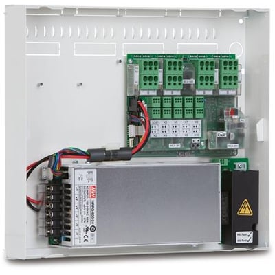 Åben WindowMaster motorcontroller WCC 320 S 0810, viser interne komponenter som printplader, strømforsyning og kabeltilslutninger.