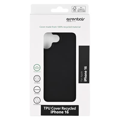 Emballage med sort TPU-bagcover til iPhone 16 synligt gennem vinduet og modelnavnet på forsiden.