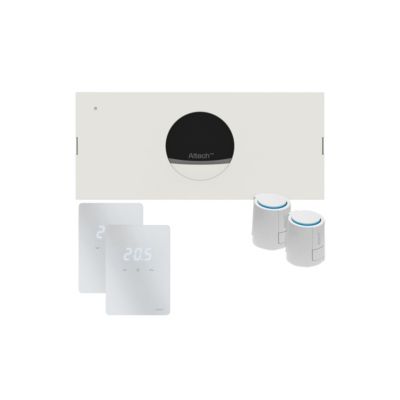 Pettinaroli Pro Komp 2 Z Gv st.sys gulvvarmesystem pakke med hvid styreboks, to hvide rumtermostater og to hvide telestater.