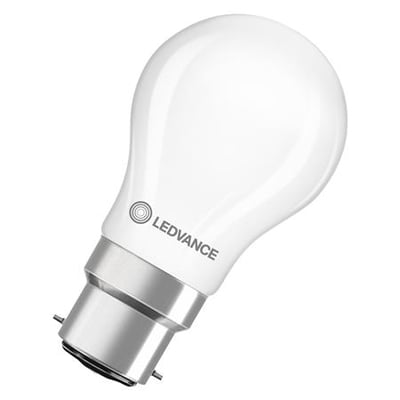 Osram Ledvance LED kronepære med mat finish og B22d sokkel, viser det moderne filamentdesign.
