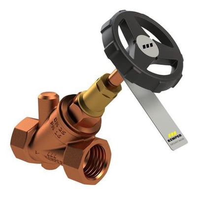 Kemper Weser fristrømsventil i rødgods med indvendigt 1/2" gevind og drejehåndtag i sort. Ventilen er forberedt til aftapventil.