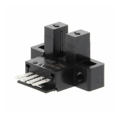 Omron EE-SX671A fotomikrosensor i L-form, sort plast, med NPN udgang og stikforbindelse, vist med slottet åbent.