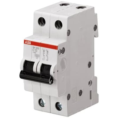ABB automatsikring SH202-C13, 2-polet, 13A, C karakteristik, 6kA og 400V AC med synlige betjeningshåndtag og terminaler.