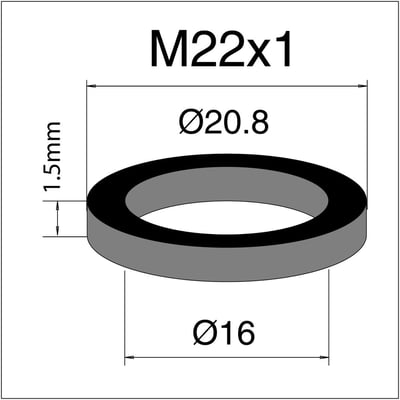 Målskitse af NEOPERL sort EPDM-gummipakning med M22x1-gevind og mål på 20,8 mm, 16 mm og 1,5 mm.