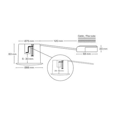 Teknisk tegning af Scan Products Luna Quick install 2.0 ISO downlight med mål og installationsdetaljer.