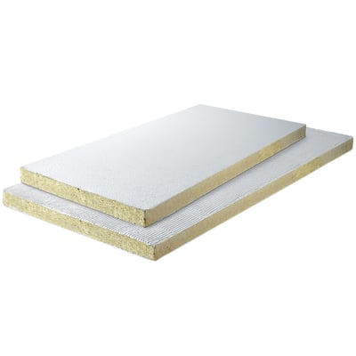 GRAFT® FR-brandplade 2-S med 50 mm tykkelse vises med hvid overflade, rillet underside og synlig gulbrun kerne.