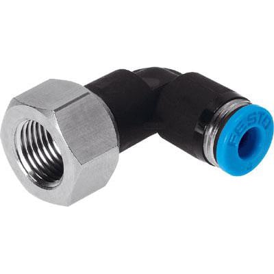 Festo QSLF-3/8-10-B vinkel-forskruning med 3/8 indvendigt gevind og 10 mm push-in tilslutning.