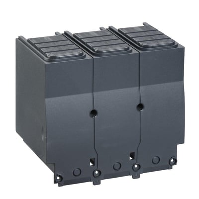 Schneider Electric 3-polet klemmeafdækning set fra siden, viser detaljer om montering og materiale.