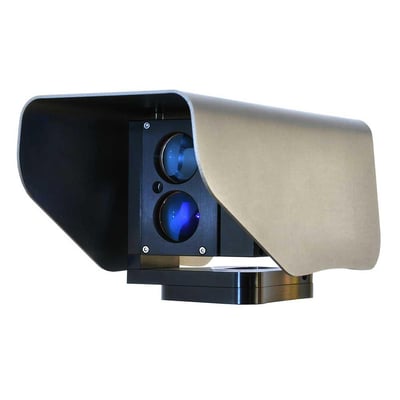 Laser-Watch detektor med 500m rækkevidde og PoE-funktion, vist med dobbelt linse og beskyttende skygge.