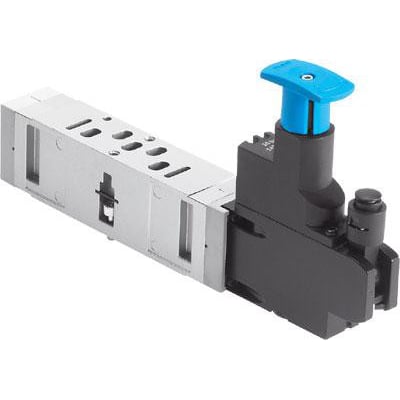 Festo reguleringsplade VABF-S3-1-R2C2-C-6 til ventilterminal, med blå betjeningsknap og standard portmønster.