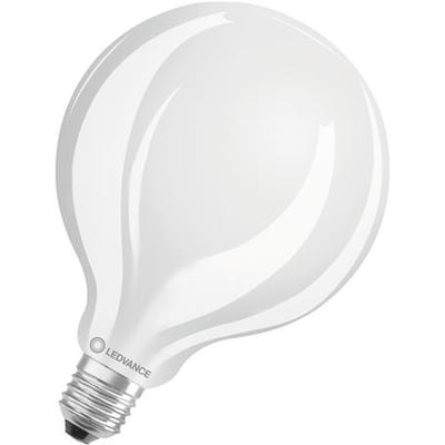 Detaljeret billede af Ledvance LED globe 95 mat lyskilde med E27 fatning og synligt logo.