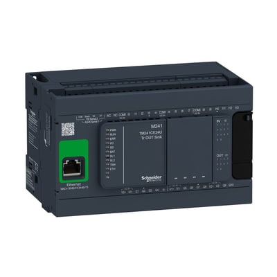 Schneider Electric Modicon M241 PLC TM241CE24U Tr OUT Sink med 14 digitale indgange og 4 PNP digitale udgange, 230V, på hvid baggrund.