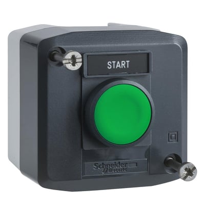 Schneider Electric trykknapkasse XALD101H29 med grøn START-knap og IP65 kapslingsklasse, lavet af grå og mørkegrå plast.