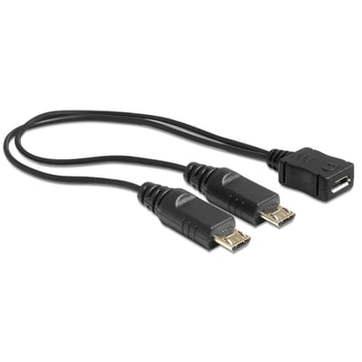 Sort DeLock USB-splitterkabel på 20 cm med ét Micro-B-hunstik og to Micro-B-hanstik, vist udfoldet.