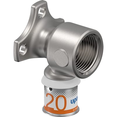 Uponor Smart Aqua dækvinkel 20 x 3/4" i sølvgråt metaludseende, set skråt med gevindåbning og to montagehuller.