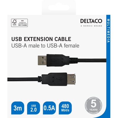 Emballagen til Deltaco sort USB-A-forlængerkabel på 3 meter viser han- og hunstik samt kabel og specifikationer.