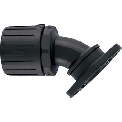 HellermannTyton sort PA66 forskruning med 45° vinkeltilslutning og flange, IP66 godkendt.