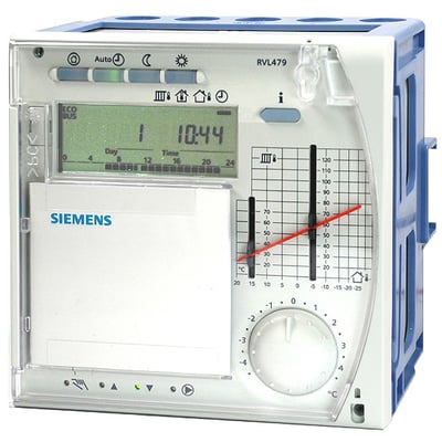 Siemens RVL479 varmeregulator, slave til sekundær varmekreds, med display og kontrolknapper.