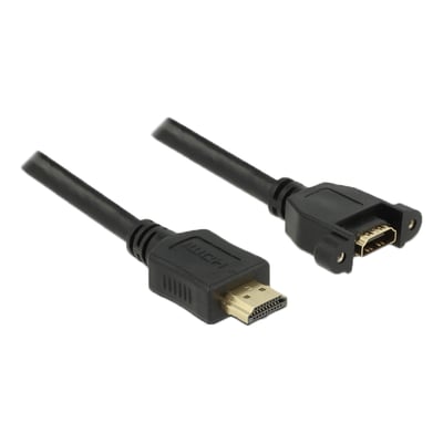 Sort Delock HDMI-A-panelkabel på 0,5 meter med hanstik og hunstik til panelmontering, vist fra begge ender.