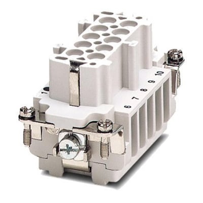 Bagfra visning af Phoenix Contact HEAVYCON kontaktindsats HC-B 10-I-UT-F, med nummerering fra 1 til 10 ved skruetilslutningerne.