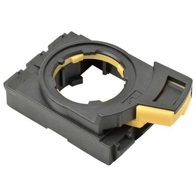 Omron A22NZ monteringsramme til trykknap, sort plastkonstruktion med gule detaljer til sikker fastgørelse.