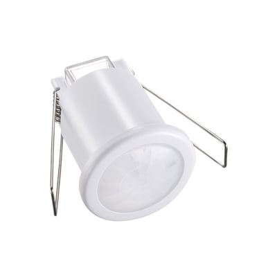 Hvid V-TAC PIR loftsensor med metalclips til montering, vist isoleret på hvid baggrund.